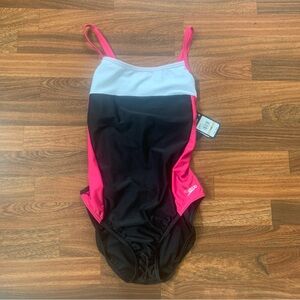 Speedo Eco Pro LT Swimsuit One Piece Sz 12/38 Black Pink New Shelf Bra UPF 50+